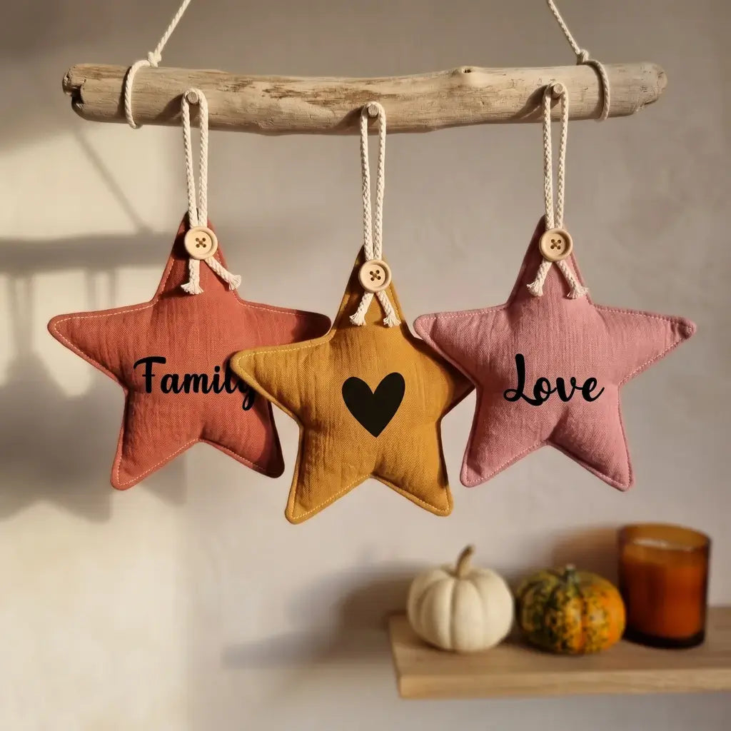 Trois étoiles décoratives en tissu rose, ocre et vieux rose suspendues à une branche, inscriptions Family, cœur et Love