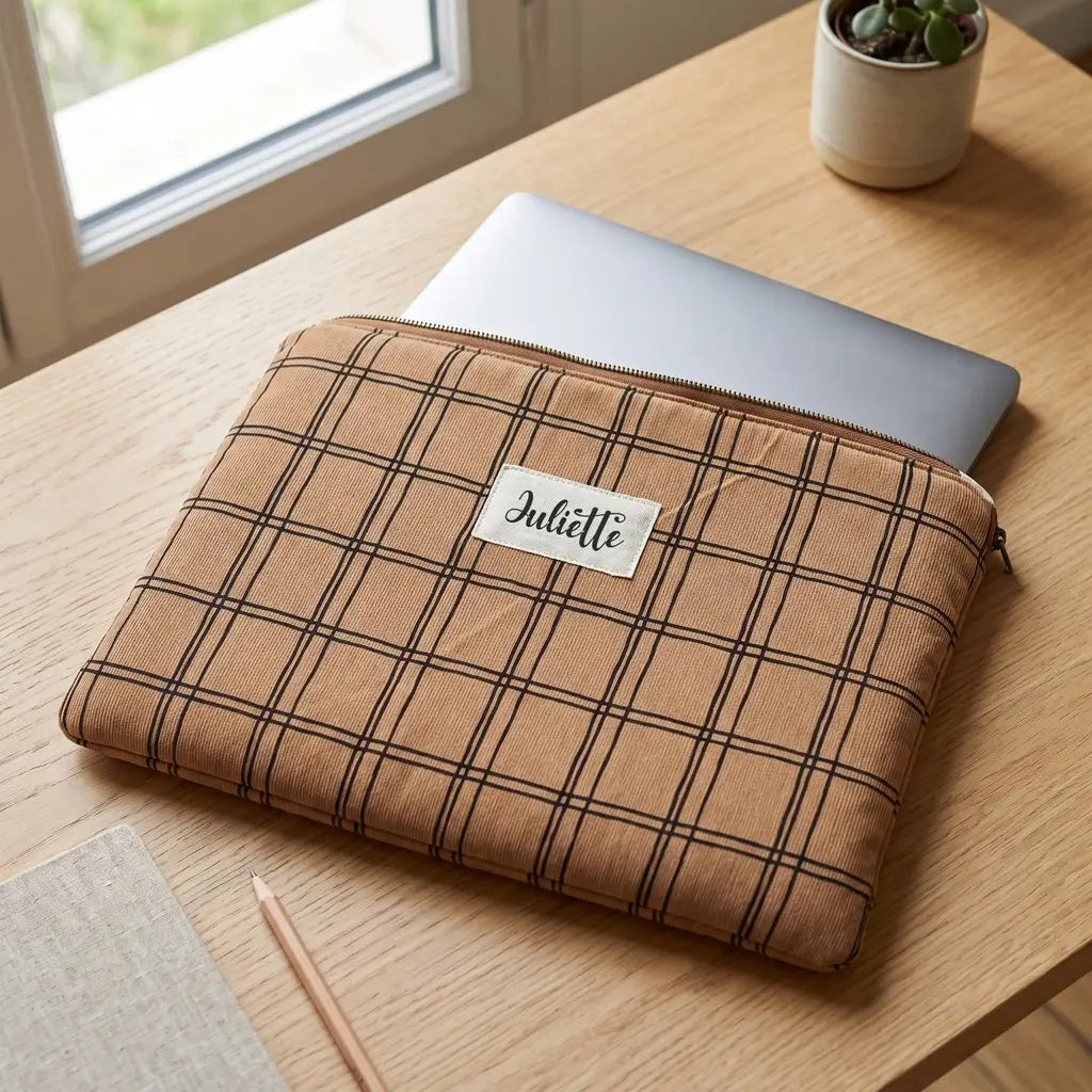 Housse ordinateur portable à carreaux noirs sur fond camel, étiquette prénom Juliette, ordinateur argenté glissé dedans