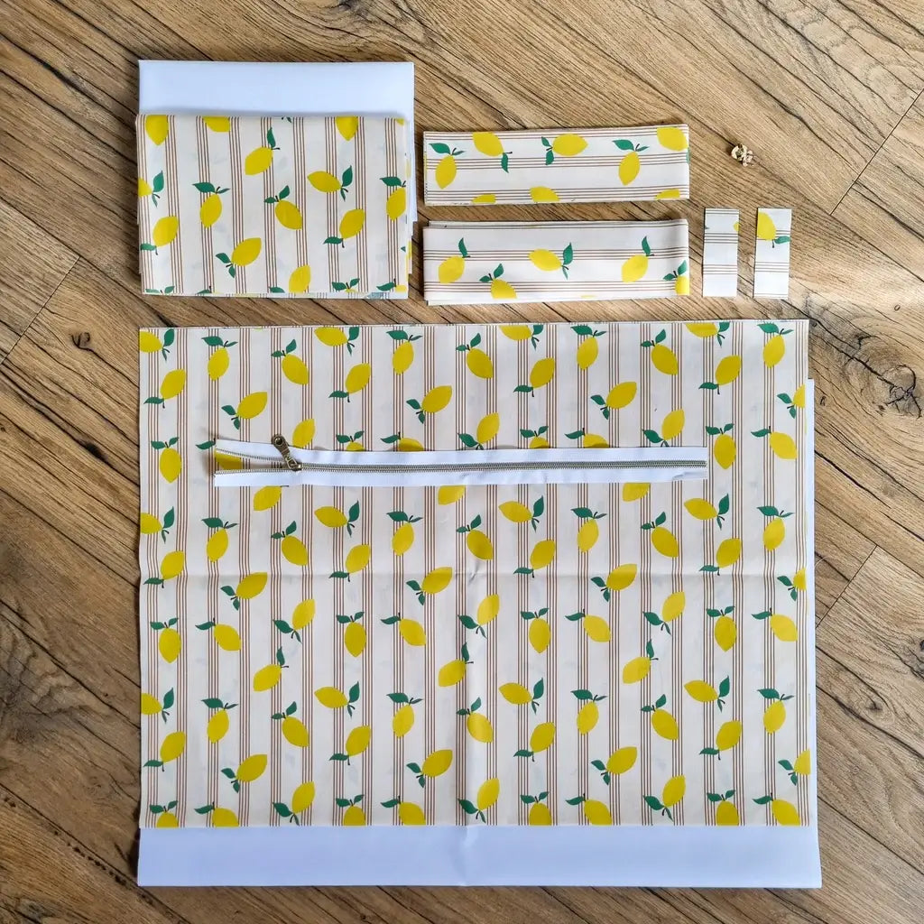 kit couture sac cabas coton enduit motif citron avec fermeture éclair blanche
