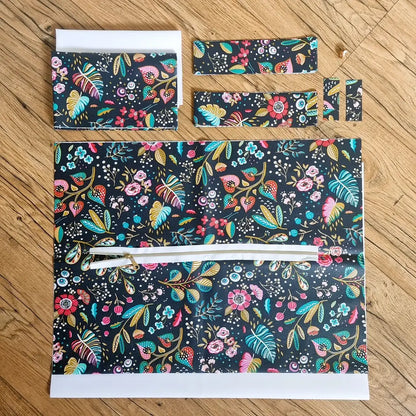 kit couture sac cabas floral bleu nuit avec tissus découpés et fermeture éclair