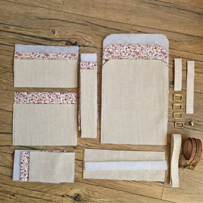 kit couture sac à dos enfant velours côtelé écru avec pièces tissu fleuri, sangle et boucles métalliques