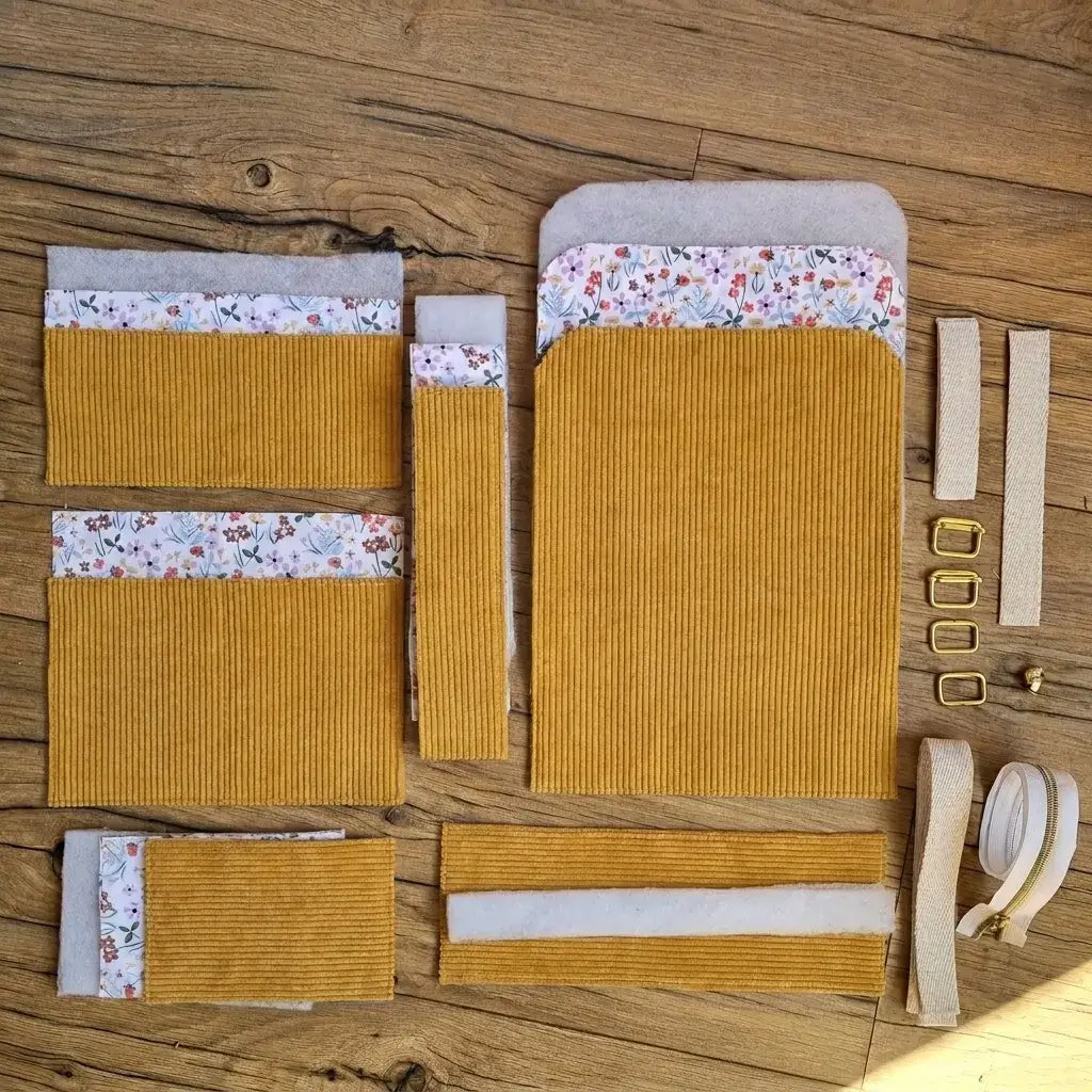 kit couture sac à dos enfant velours côtelé jaune avec pièces de tissus prêts à coudre et accessoires fournis