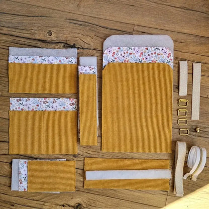 kit couture sac à dos enfant velours côtelé jaune avec pièces de tissus prêts à coudre et accessoires fournis