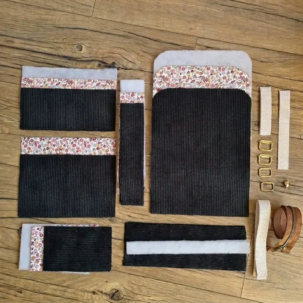 kit couture sac à dos enfant velours côtelé noir avec pièces découpées, zip, sangles et boucles