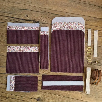 kit couture sac à dos enfant velours côtelé prune avec tissus assortis et accessoires de mercerie