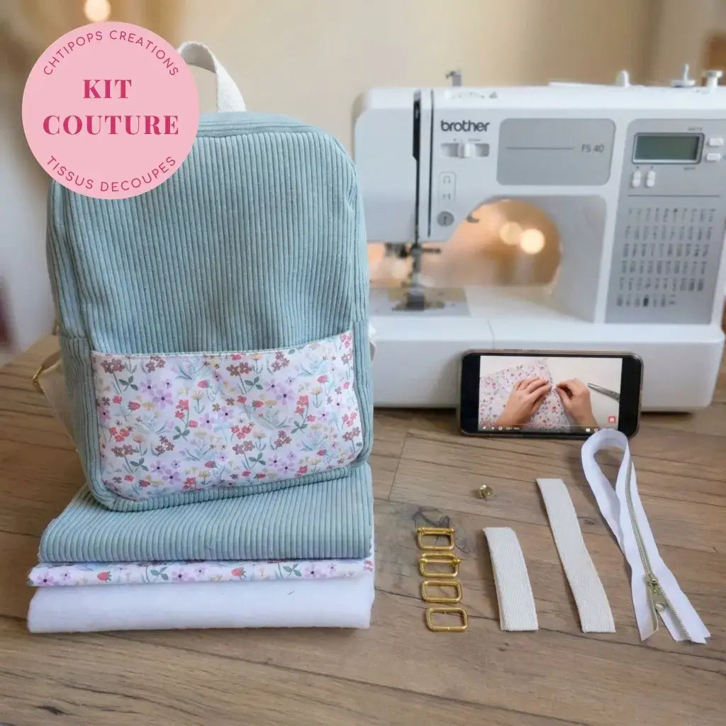 kit couture sac à dos enfant velours côtelé avec pièces découpées, sangle, fermetures et tutoriel vidéo