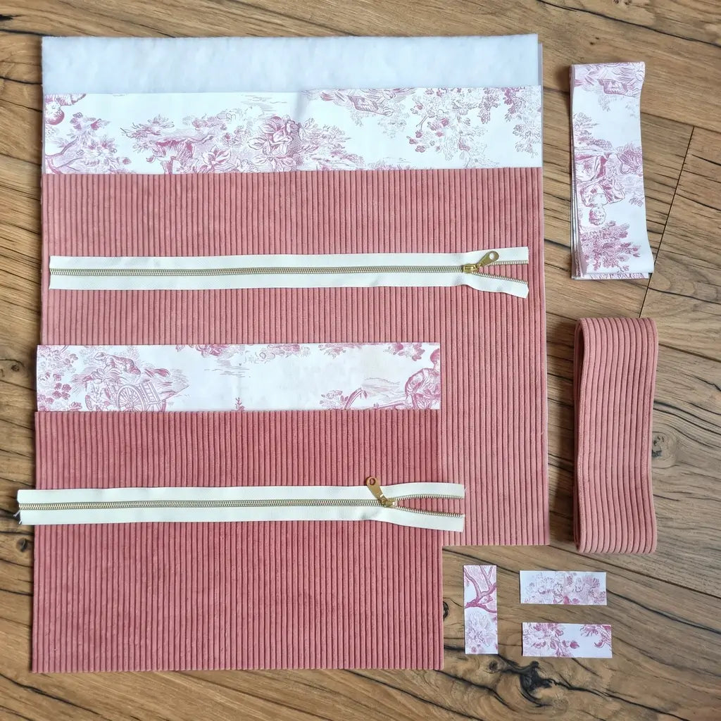 Pièces prédécoupées en velours côtelé rose pour sac cabas, tissu toile de Jouy rouge et zips à curseur doré