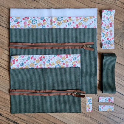 Kit couture sac cabas en velours côtelé vert avec tissu à fleurs, zips marron et bande d'anse découpée