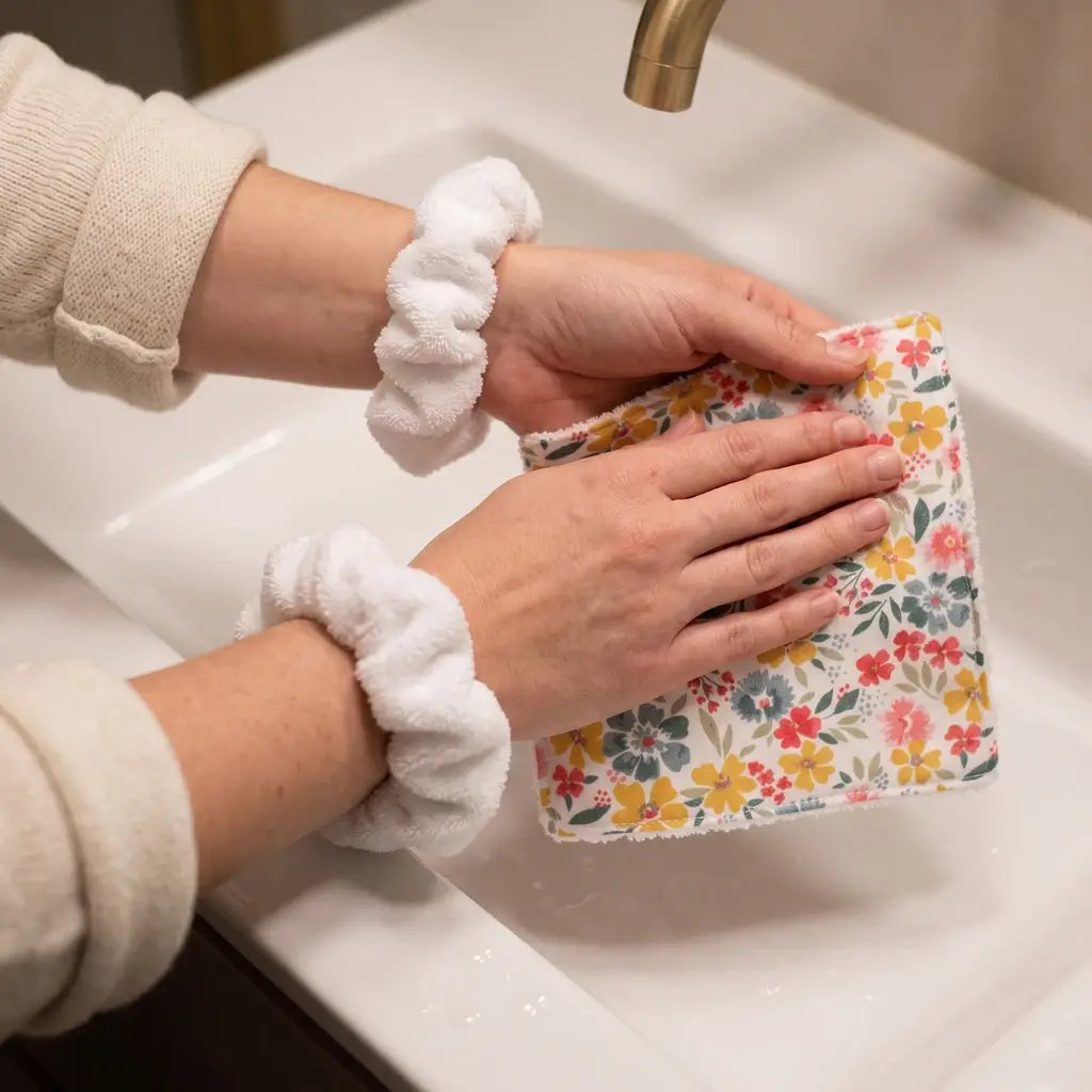 Lingette lavable à fleurs multicolores utilisée au-dessus d’un lavabo, bracelets éponge blancs portés aux poignets