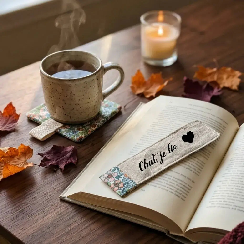 Marque-page en tissu beige floqué Chut, je lis avec cœur noir, posé dans un livre ouvert