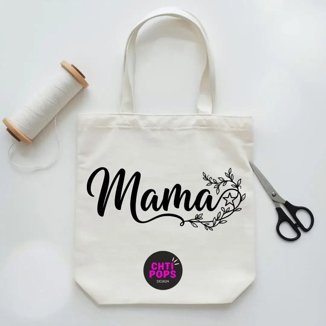 tote bag coton écru avec texte maman et motif couronne florale imprimé en noir
