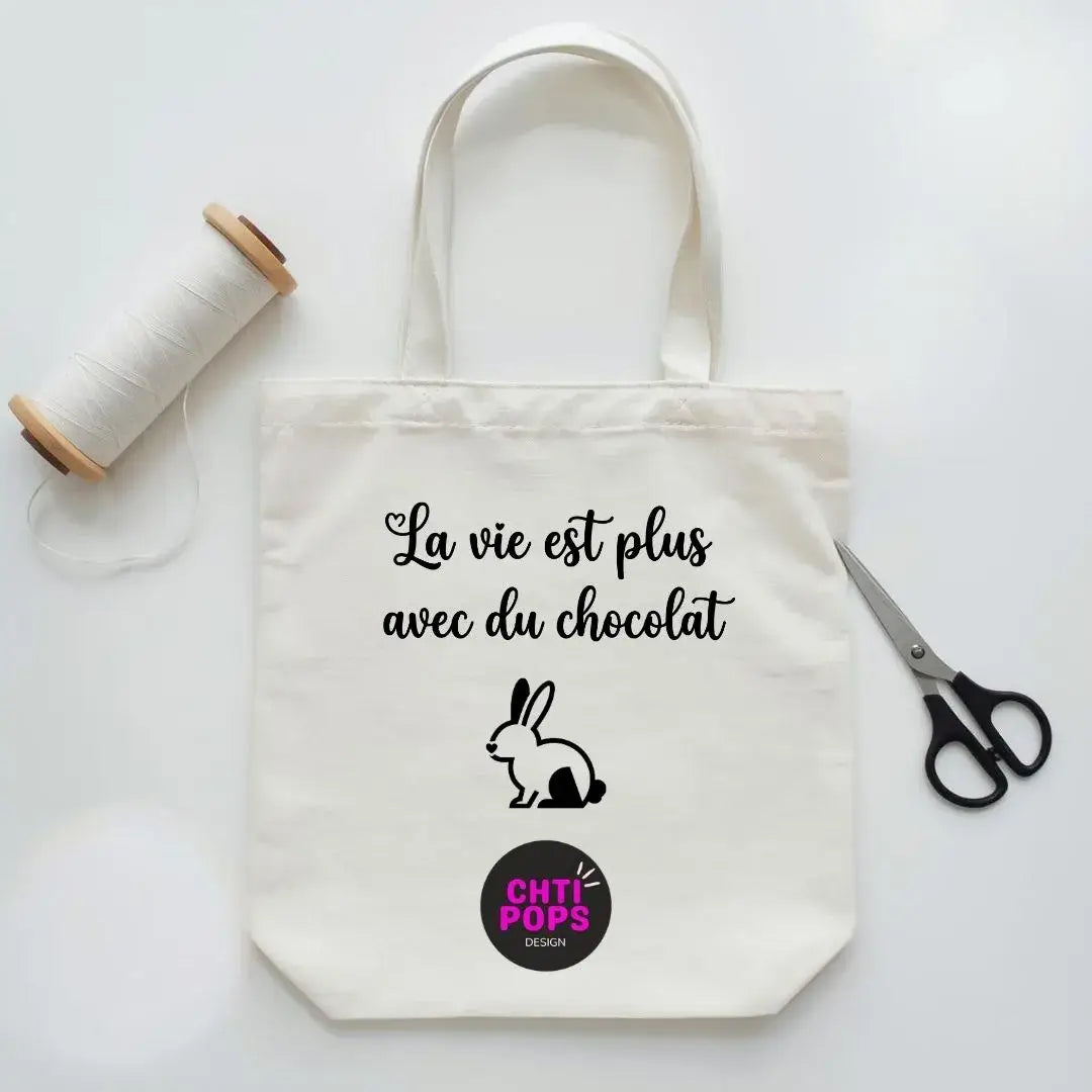 tote bag coton écru avec texte Pâques la vie est plus avec du chocolat et lapin imprimé