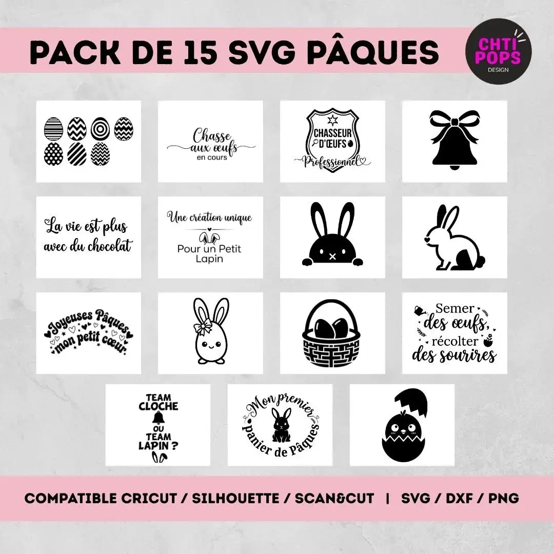 pack 15 fichiers SVG Pâques avec motifs lapin œufs textes pour découpe Cricut et Silhouette