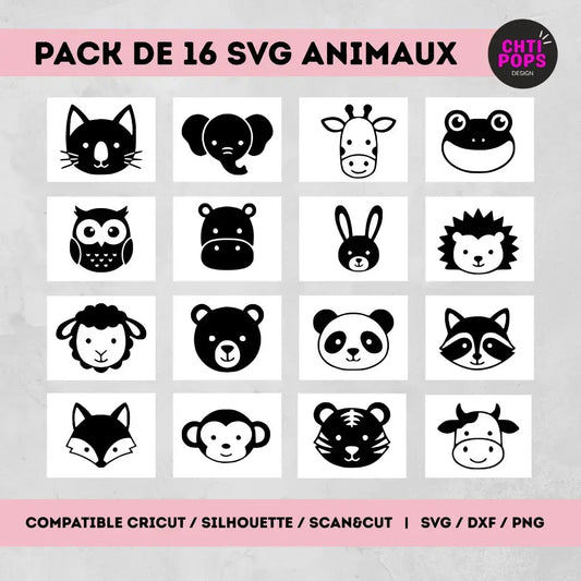 16 SVG thème "Animaux mignons" - Fichiers Découpe pour Cricut, ScanNCut, Silhouette - Idéal Stickers, Flex et Personnalisation