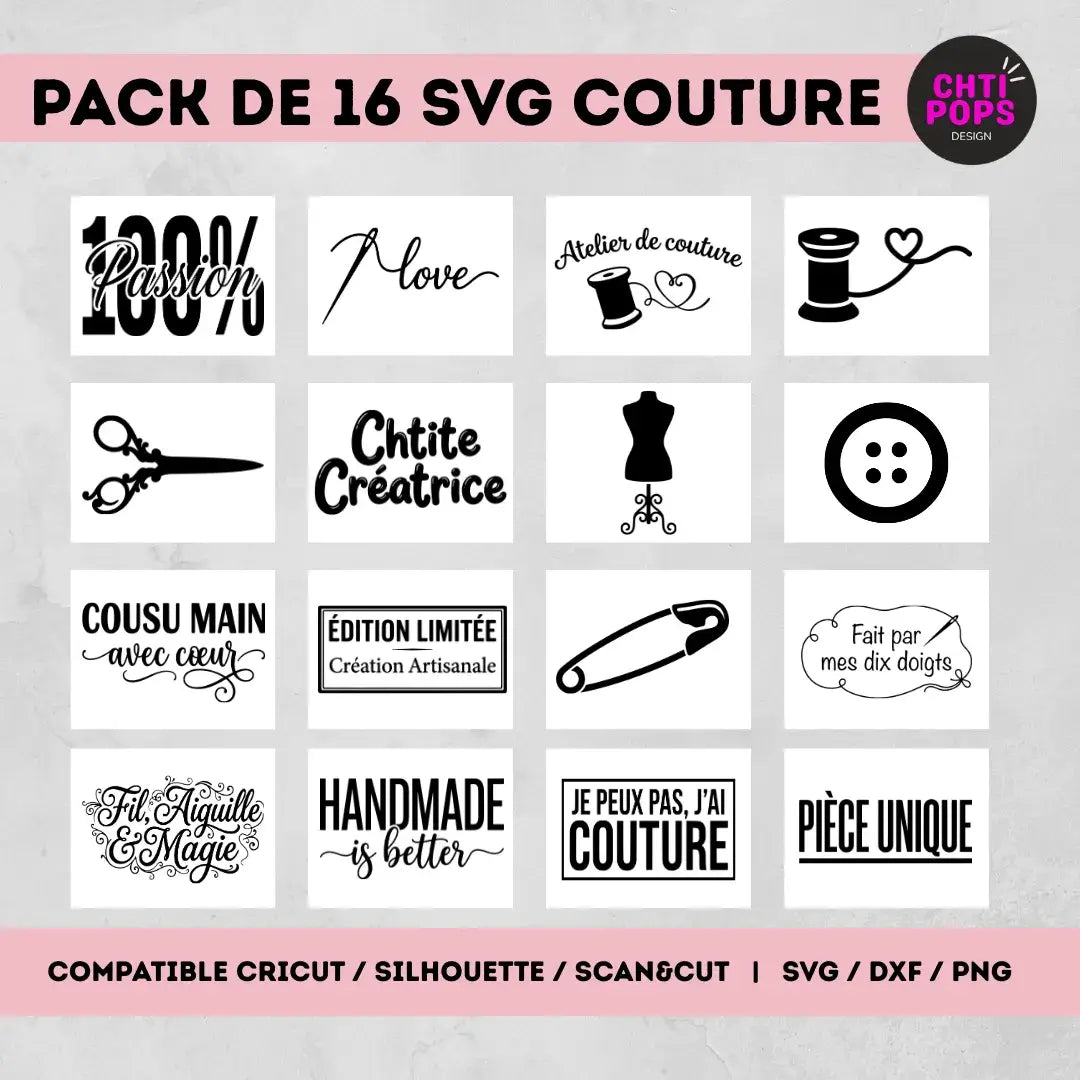 16 SVG thème "Atelier couture" - Fichiers Découpe pour Cricut, ScanNCut, Silhouette - Idéal Stickers, Flex et Personnalisation