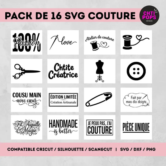 16 SVG thème "Atelier couture" - Fichiers Découpe pour Cricut, ScanNCut, Silhouette - Idéal Stickers, Flex et Personnalisation