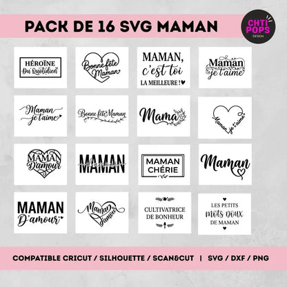 pack 16 fichiers SVG maman avec textes et motifs pour découpe Cricut Silhouette ScanNCut