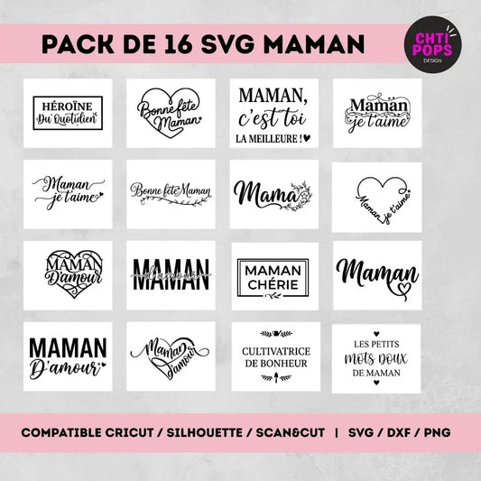 pack 16 fichiers SVG maman avec textes et motifs pour découpe Cricut Silhouette ScanNCut