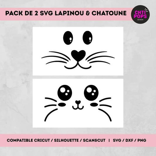 Duo SVG visage Lapinou et Chatoune - Fichiers Découpe pour Cricut, ScanNcut, Silhouette - Idéal Stickers, Flex et Personnalisation