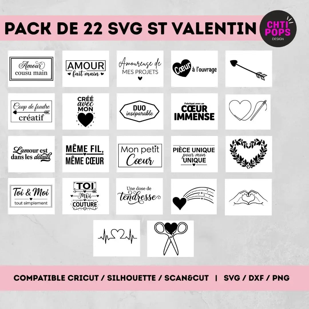 22 SVG thème "Amour" - Fichiers Découpe pour Cricut, ScanNCut, Silhouette - Idéal Stickers, Flex et Personnalisation Chtipops Créations