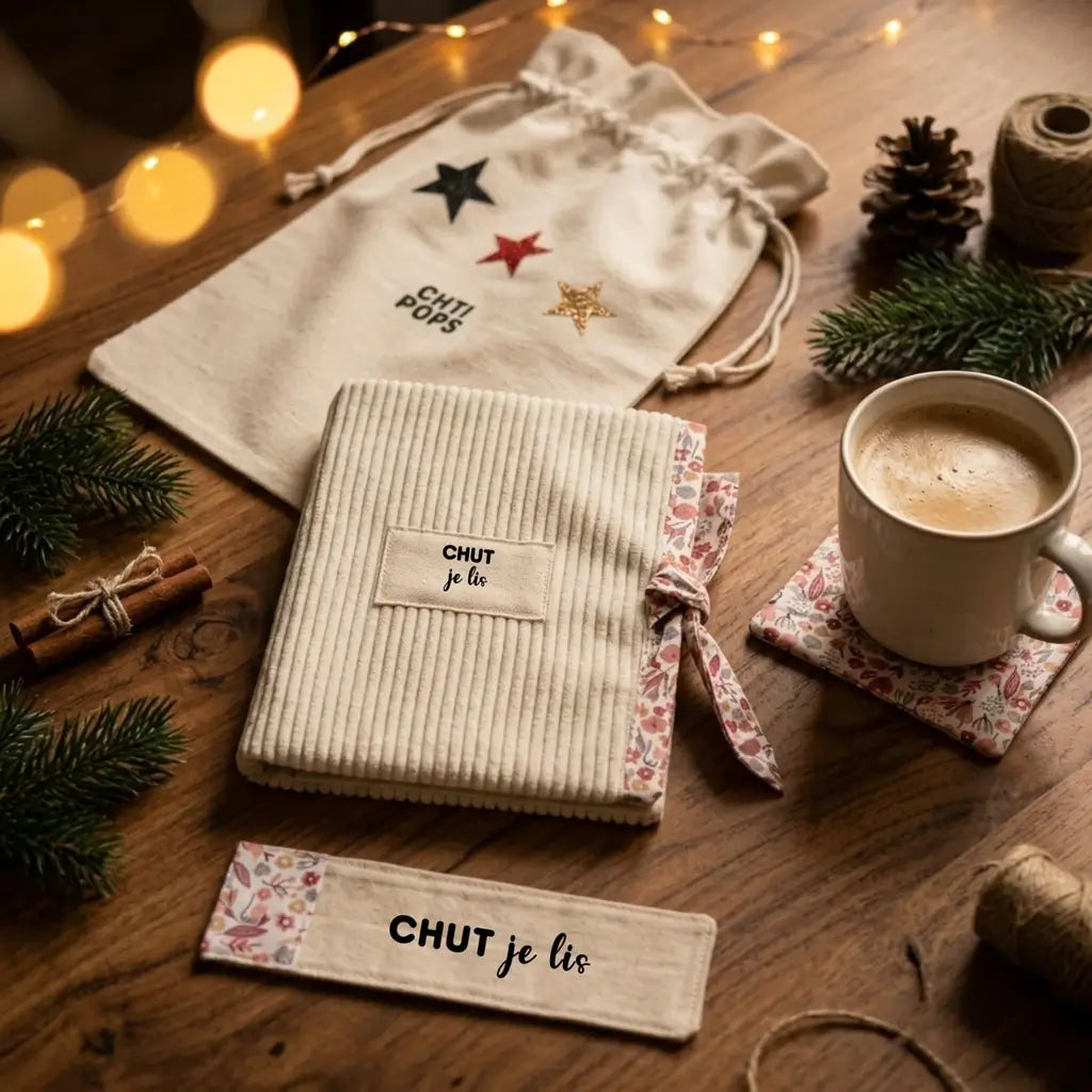 coffret avec protège-livre en velours côtelé écru « CHUT je lis », pochon à étoiles, marque-page en tissu, sous-tasse fleurie, sur table en bois sombre