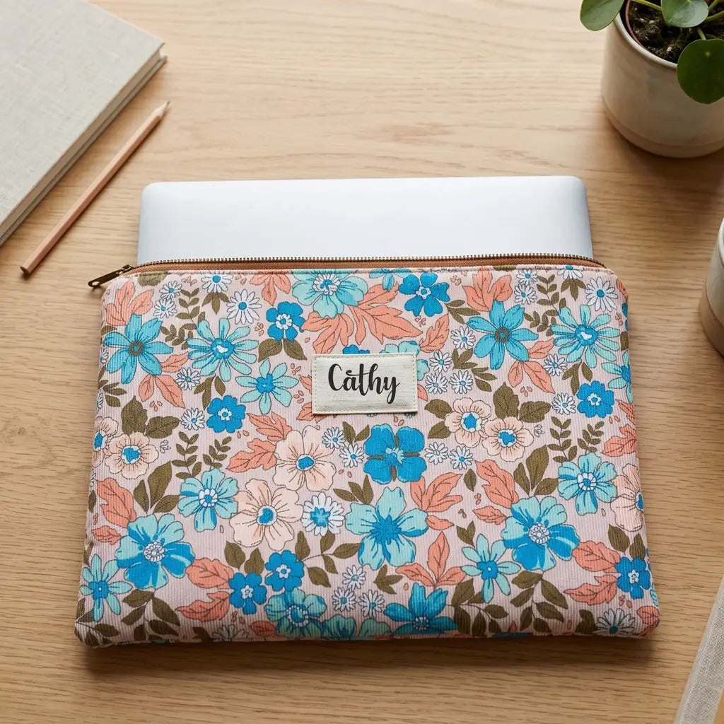 Housse ordinateur à fleurs bleues sur fond rose pâle, prénom Cathy, vue du dessus avec ordinateur portable glissé