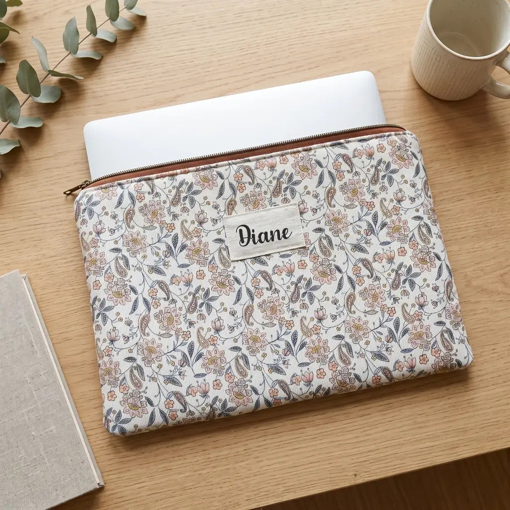 Housse ordinateur portable à motif cachemire fleuri, étiquette prénom Diane et fermeture zippée à ruban marron