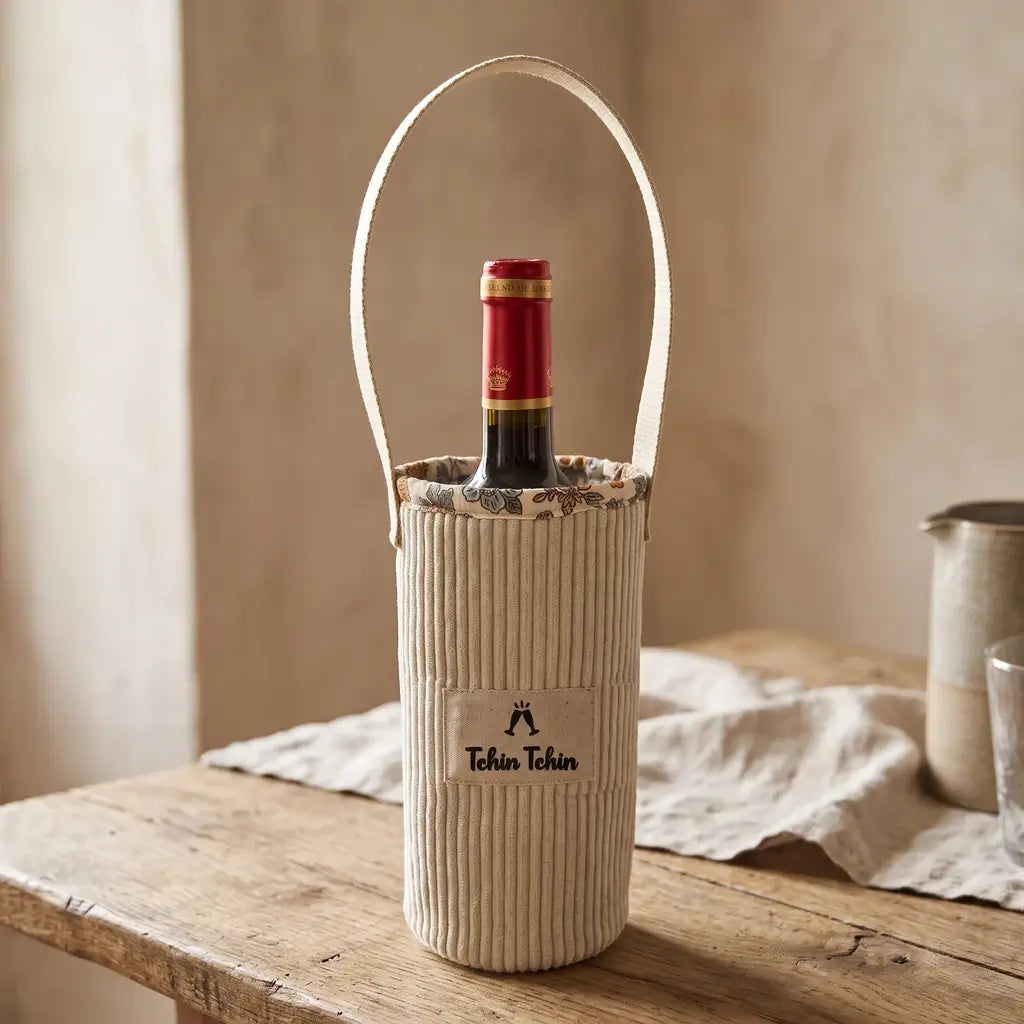 Porte-bouteille en velours côtelé écru Tchin Tchin avec bouteille de vin rouge et doublure fleurie, sur table en bois brut