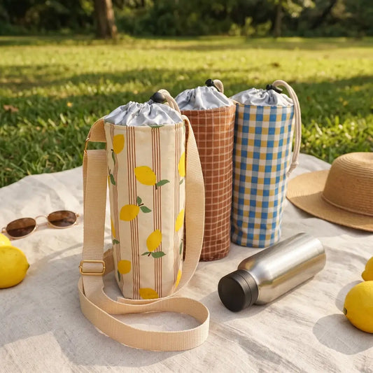 Porte-gourde à motif citrons présenté avec d'autres modèles à carreaux et à motifs à l'arrière