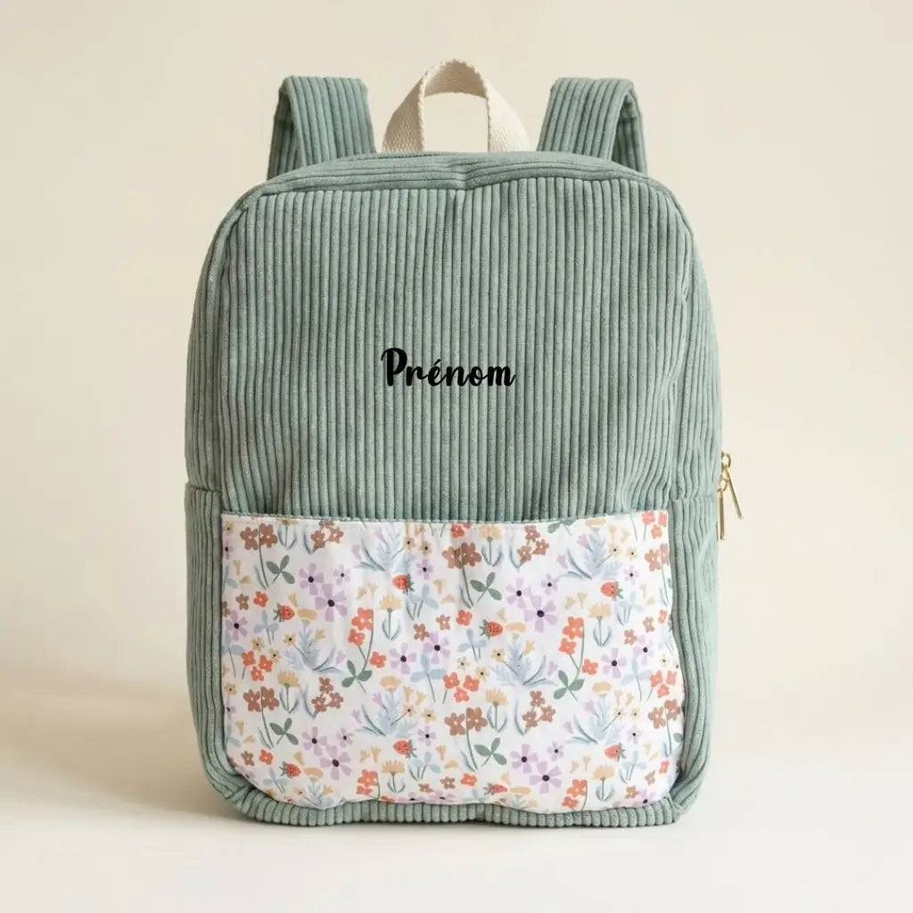 Sac à dos enfant bleu clair en velours côtelé, poche fleurie, zip doré et prénom floqué au centre