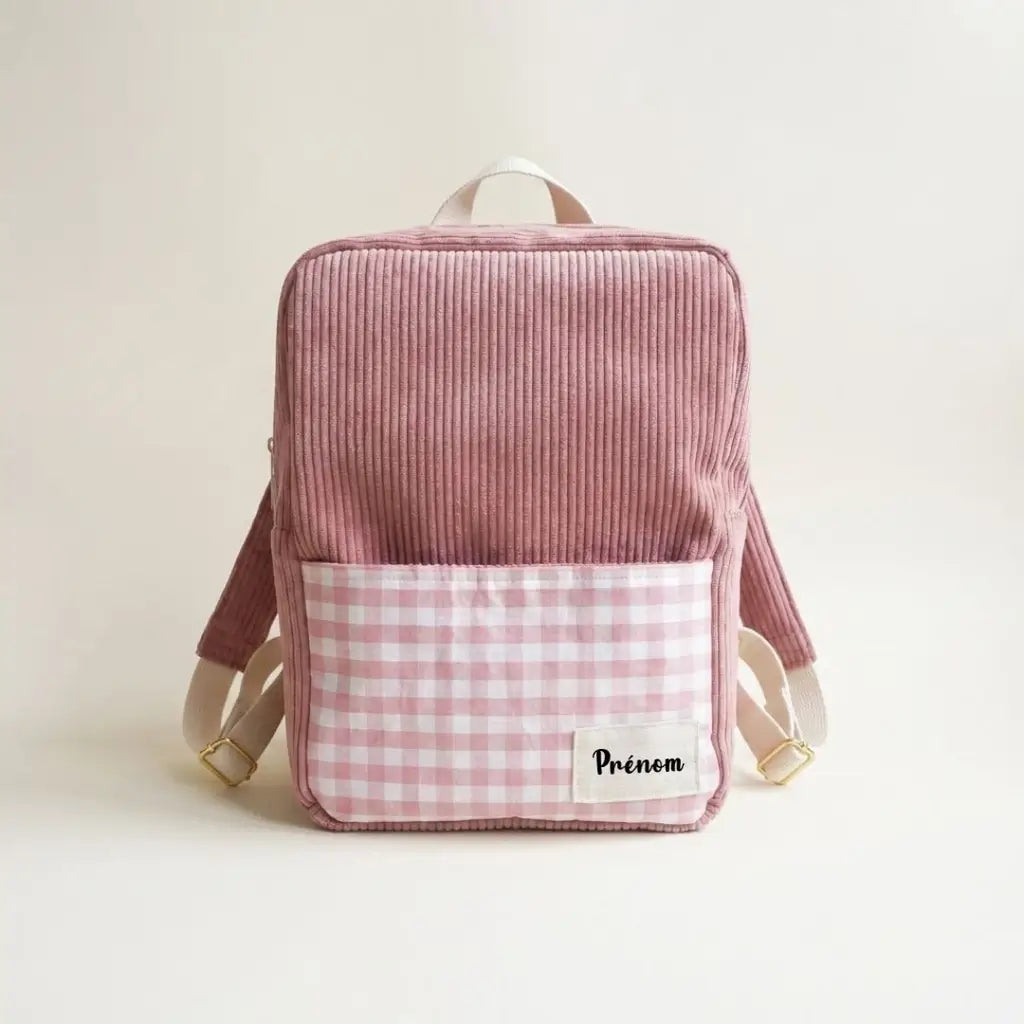 Sac à dos enfant rose en velours côtelé, poche vichy et étiquette prénom, bretelles réglables beiges