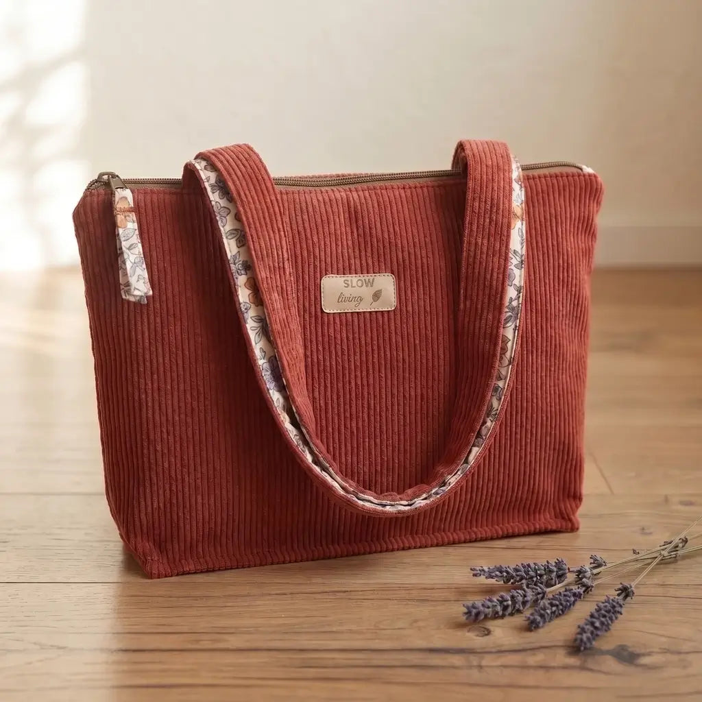 Sac cabas terracotta en velours côtelé posé au sol près de brins de lavande, anses fleuries