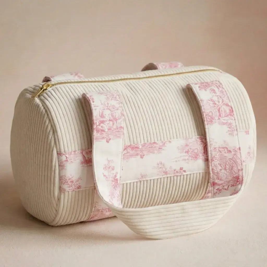 sac polochon velours côtelé écru avec anses imprimées et fermeture zippée