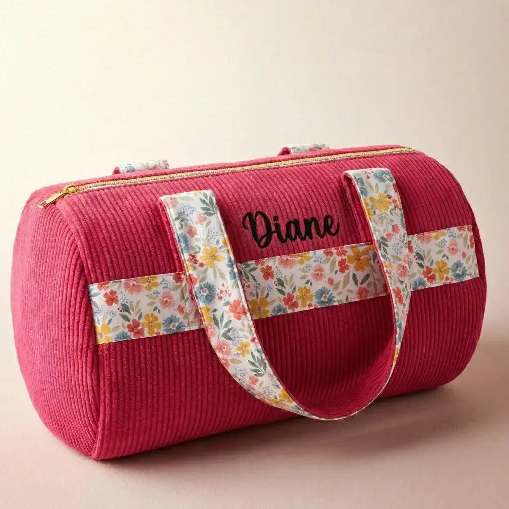 sac polochon velours côtelé framboise avec anses fleuries et zip