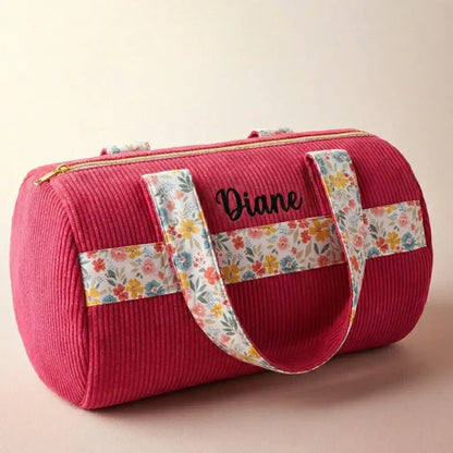 sac polochon velours côtelé framboise avec anses fleuries et zip
