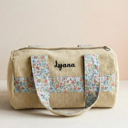 sac polochon velours côtelé jaune pâle avec anses fleuries et zip