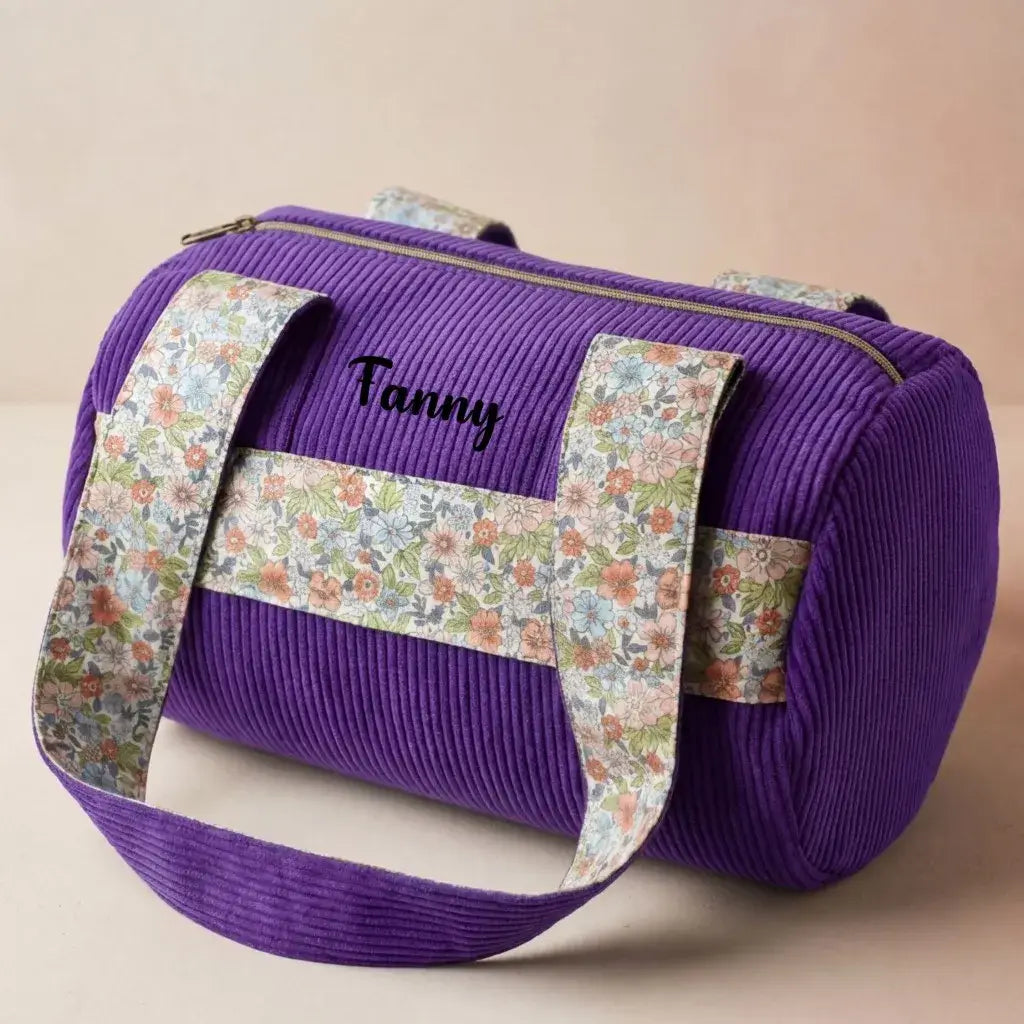 sac polochon velours côtelé lavande avec anses tissu fleuri et fermeture zippée