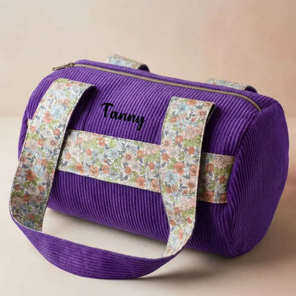 sac polochon velours côtelé lavande avec anses tissu fleuri et fermeture zippée