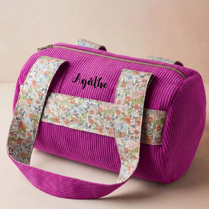sac polochon velours côtelé magenta avec anses imprimées et fermeture zip
