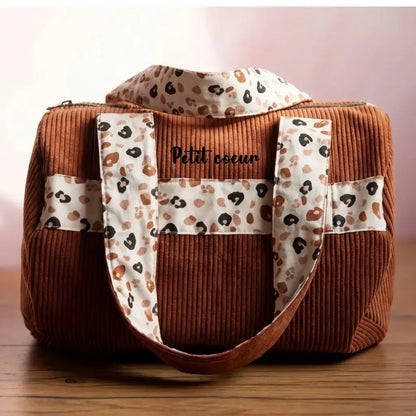 sac polochon velours côtelé marron avec anses imprimé léopard et fermeture zip