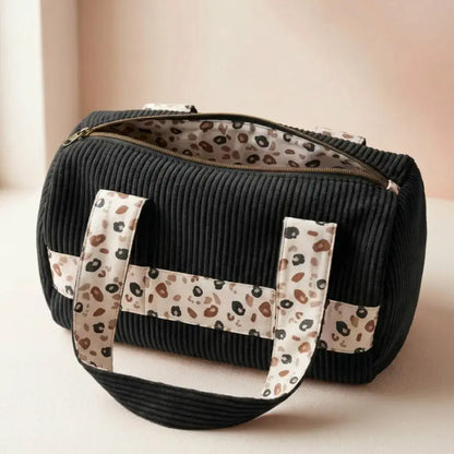 sac polochon velours côtelé noir avec anses tissu léopard et fermeture éclair