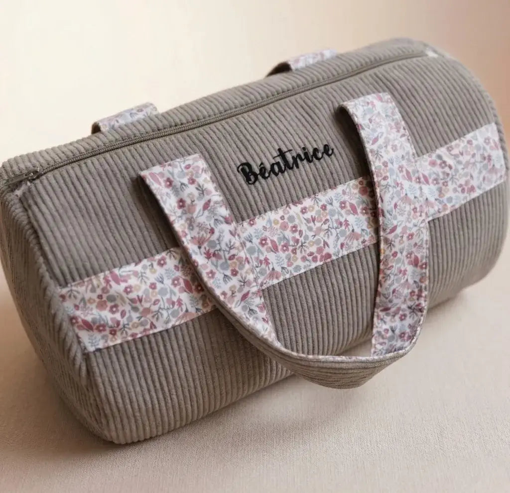 sac polochon velours côtelé taupe avec anses fleuries et fermeture éclair