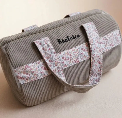 sac polochon velours côtelé taupe avec anses fleuries et fermeture éclair