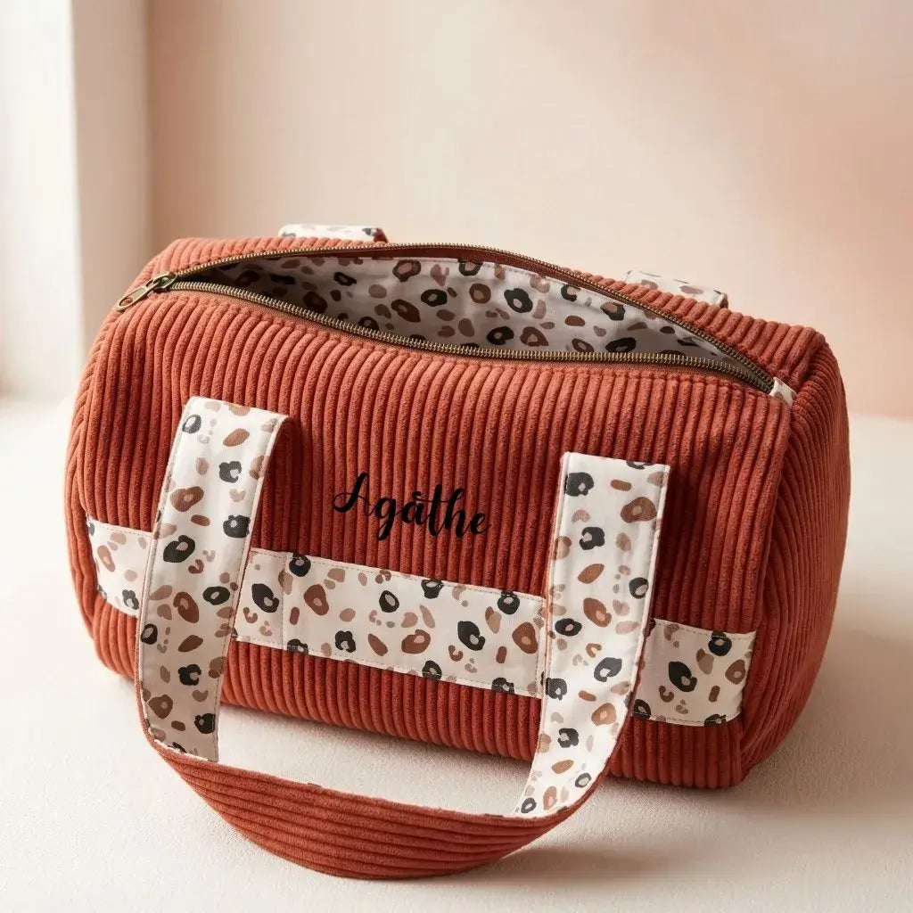 sac polochon velours côtelé terracotta avec anses imprimé léopard et zip