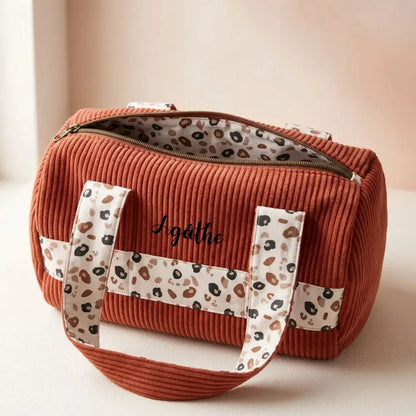 sac polochon velours côtelé terracotta avec anses imprimé léopard et zip