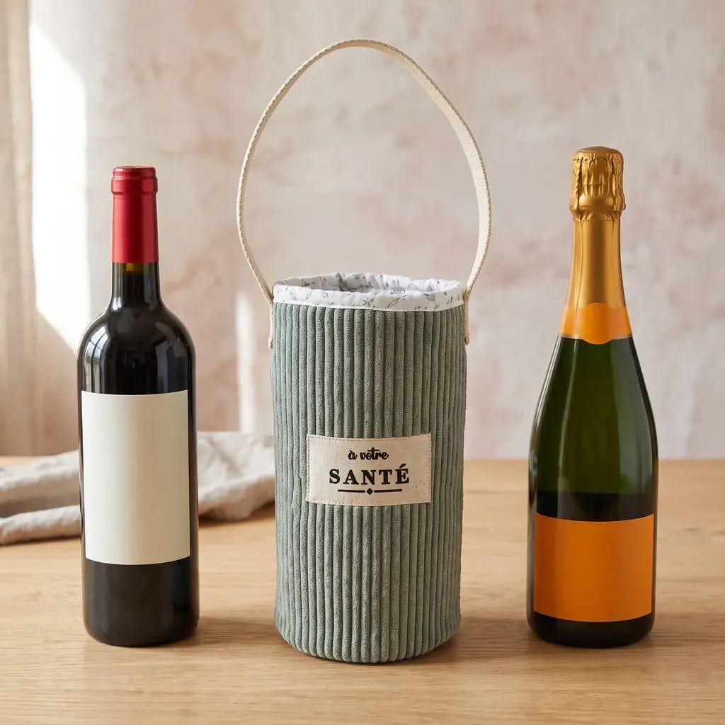 Sac à bouteille en velours côtelé vert sauge à inscription À votre santé, posé vide entre deux bouteilles