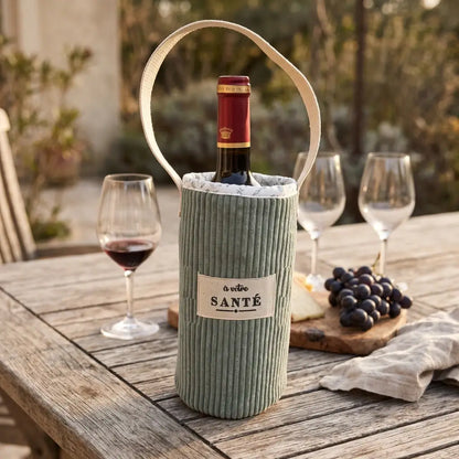 Sac à bouteille vert sauge À votre santé avec bouteille de vin sur une table de jardin, verres et raisin noir