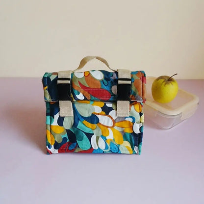 Sac repas à motif abstrait multicolore, poignée écrue et double clip de fermeture