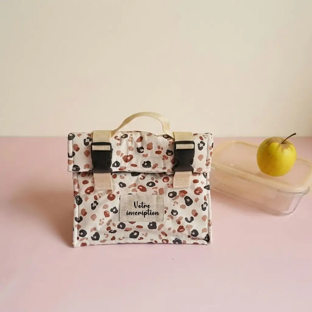 Sac repas écru à motif léopard avec étiquette à personnaliser et sangles à clips