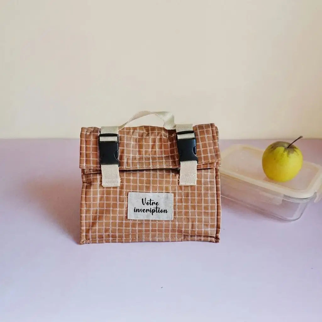 Sac repas marron à fins carreaux avec étiquette à personnaliser, poignée écrue et clips